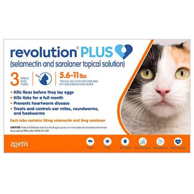 Revolution Plus Topical Solution for Cats, 5.6-11 lbs, (Orange Box), 3 Doses (3-mos. supply)