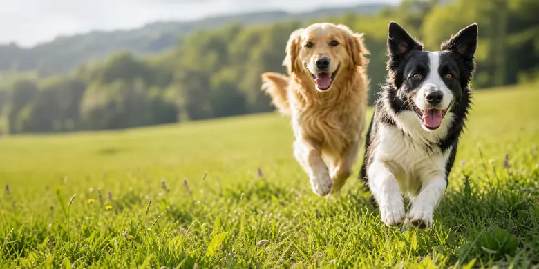 Two happy dogs running through a meadow
