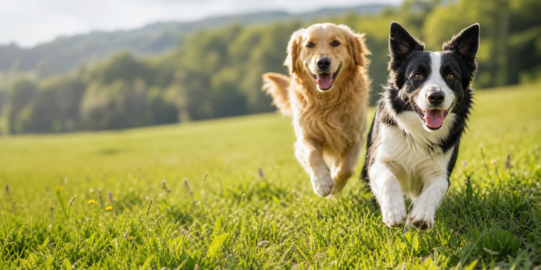 Two happy dogs running through a meadow