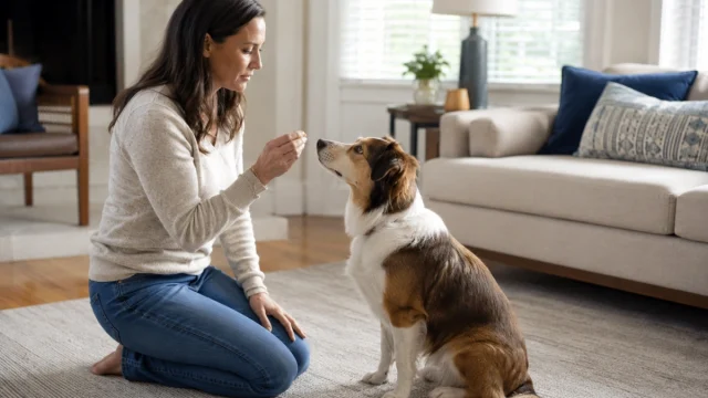 Dog owner observing and training common dog behavior at home