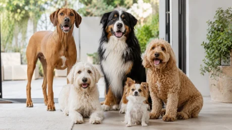 Different dog breeds showing a variety of sizes, coats, and physical traits