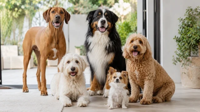 Different dog breeds showing a variety of sizes, coats, and physical traits