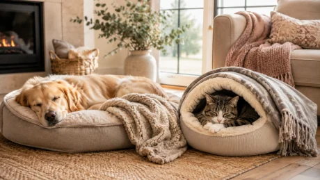 Dog and cat using comfortable pet beds and blankets in a modern home