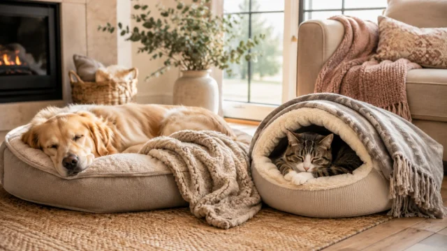 Dog and cat using comfortable pet beds and blankets in a modern home