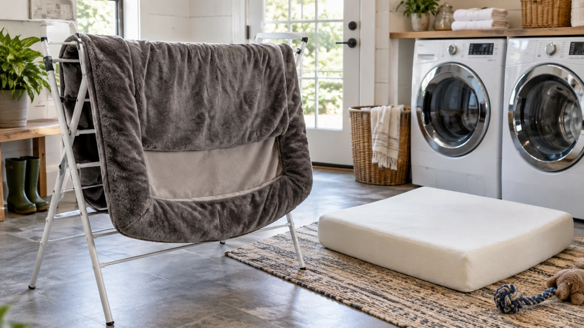Washable dog bed cover air drying after machine washing