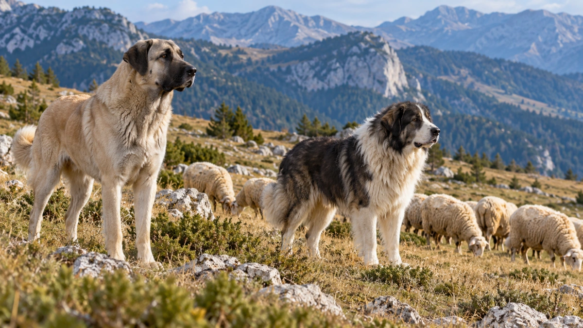 Anatolian Shepherd and Tornjak guarding livestock in open mountain country