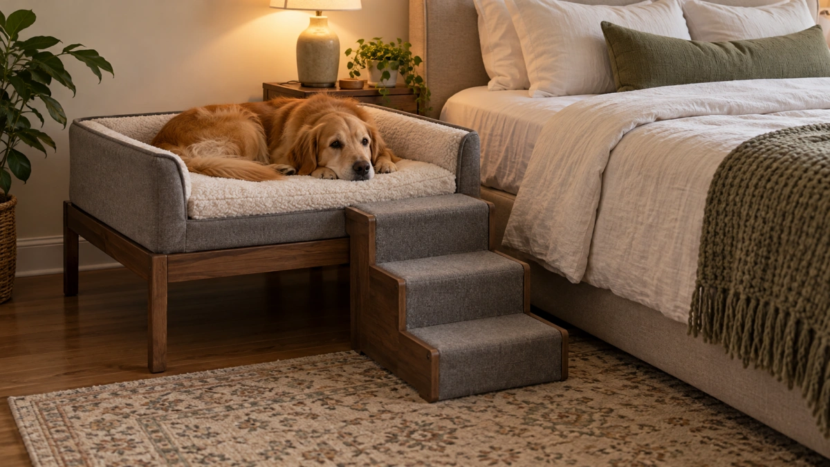 Bedside dog bed with integrated steps beside a human bed