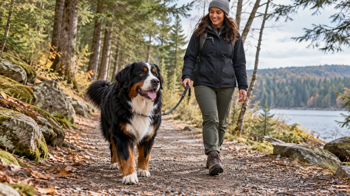 Bernese Mountain Dog walking with owner on a trail