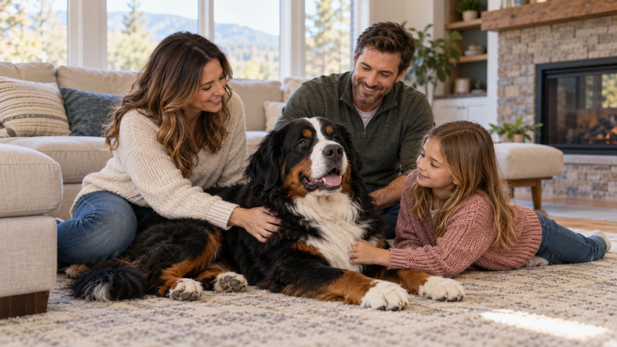 Bernese Mountain Dog relaxing with a family at home