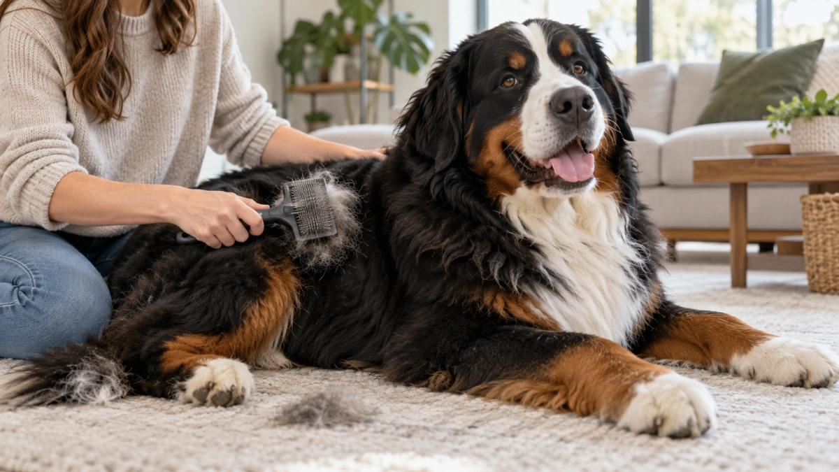 Owner brushing the double coat of a Bernese Mountain Dog