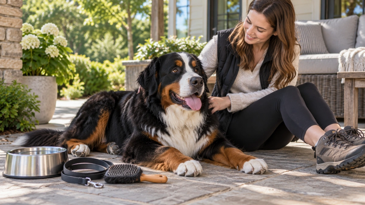 Bernese Mountain Dog relaxing with owner after an outdoor walk