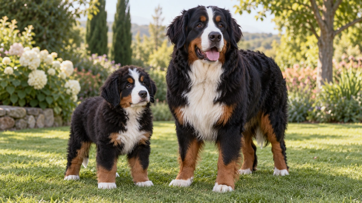 Bernese Mountain Dog puppy beside a healthy adult dog