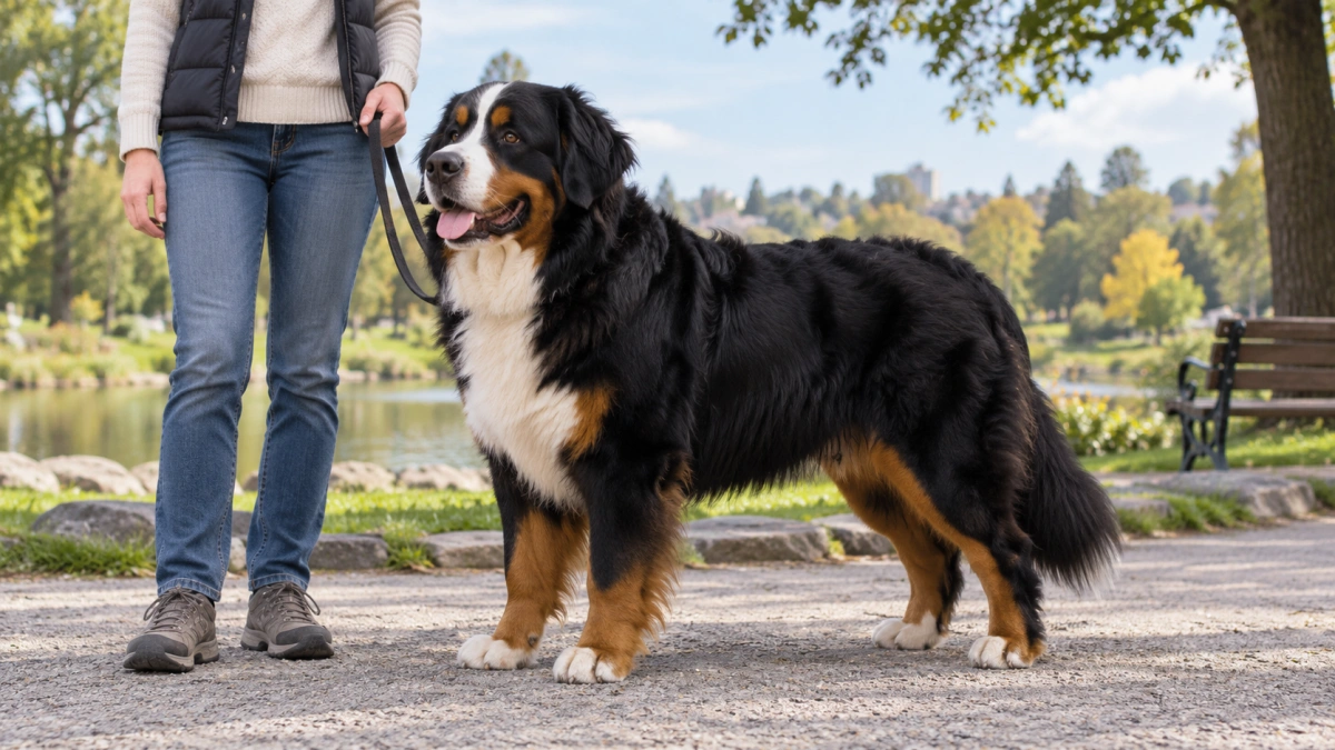 Large sturdy build of an adult Bernese Mountain Dog