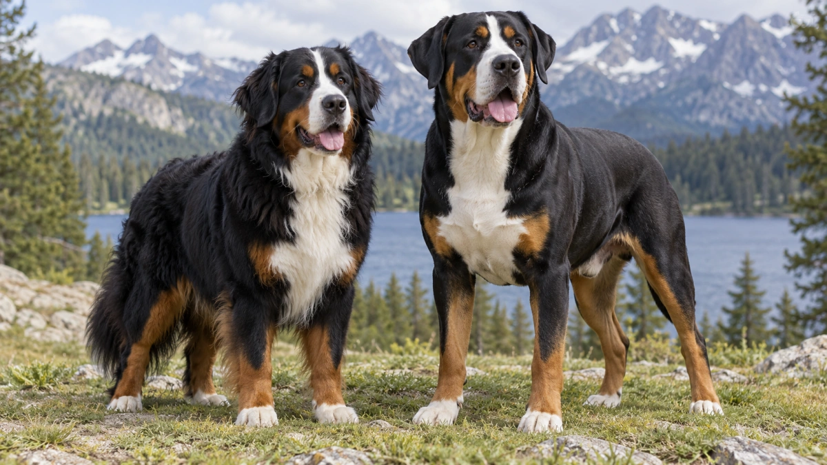 Bernese Mountain Dog and Greater Swiss Mountain Dog standing together