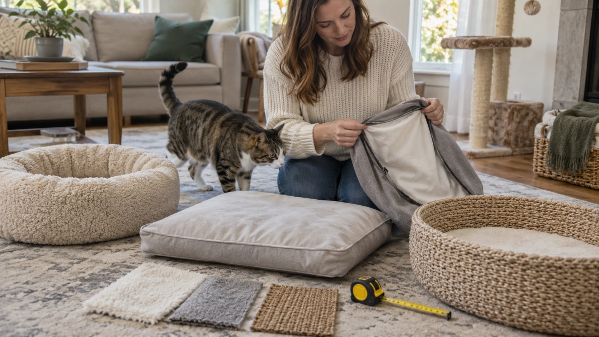 Owner comparing cat bed size shape material and cleaning features