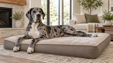 Great Dane resting comfortably on a large supportive dog bed