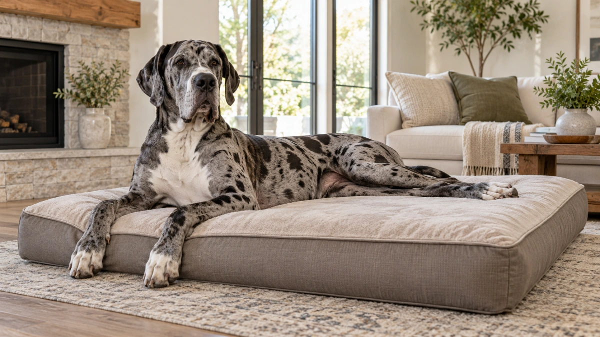 Great Dane resting comfortably on a large supportive dog bed