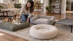 Owner comparing different dog beds to choose the right bed for a dog