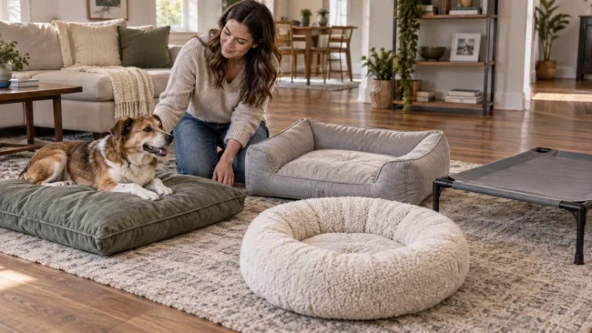 Owner comparing different dog beds to choose the right bed for a dog