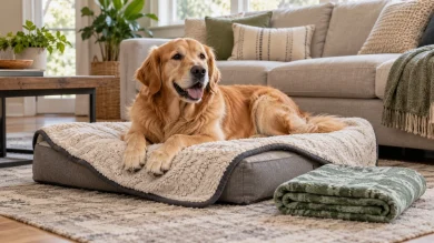 Dog resting with a practical washable blanket in a modern home