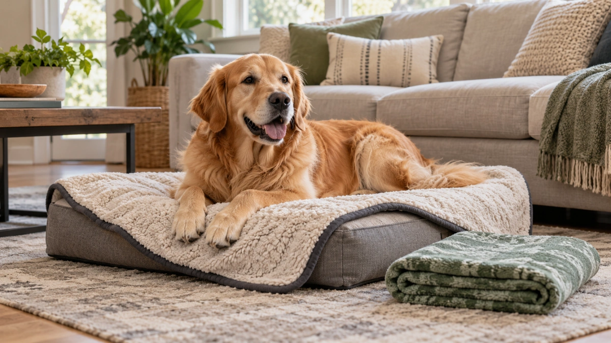 Dog resting with a practical washable blanket in a modern home