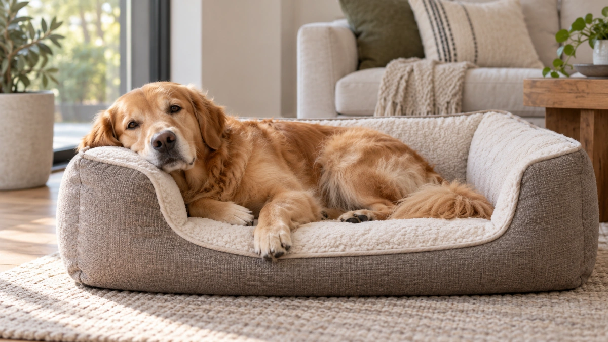 Dog resting its head on the raised side of a bolster bed