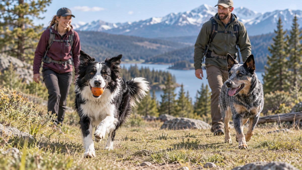 Border Collie and Australian Cattle Dog exercising with owners