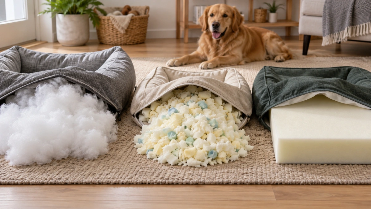 Different fill materials used inside inexpensive dog beds