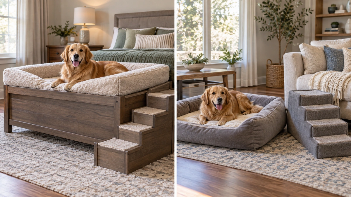 Built in dog bed steps compared with separate pet stairs