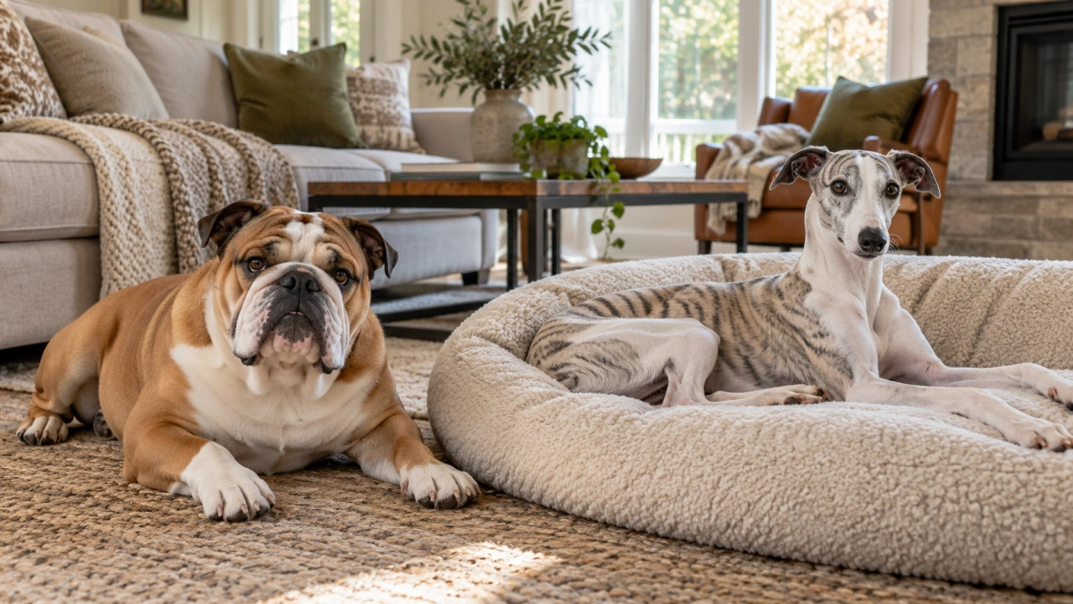 Bulldog and Whippet relaxing in a home environment