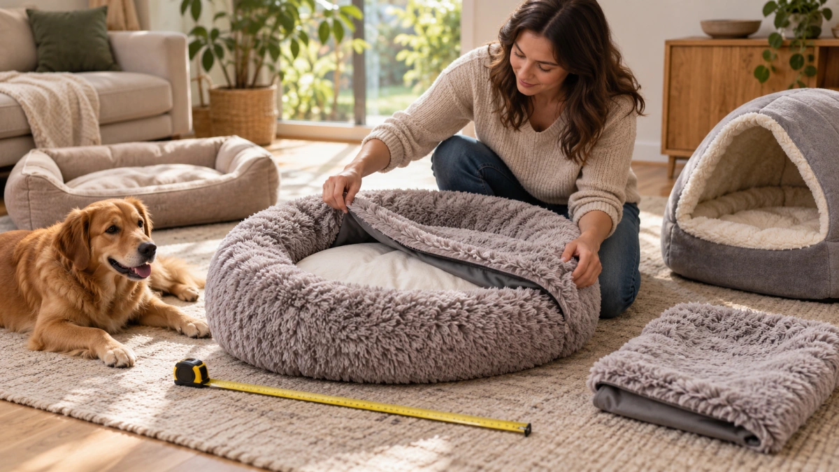 Owner checking calming dog bed size rim support and washable design