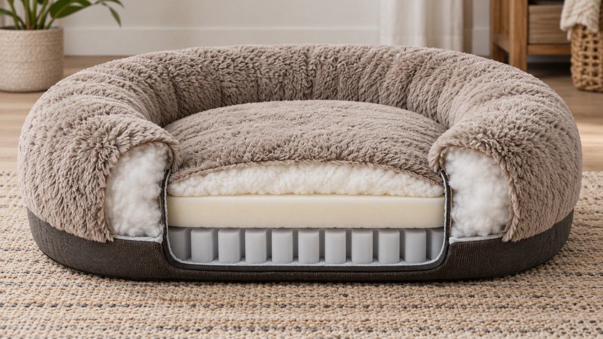 Calming dog bed with raised rim and supportive center construction