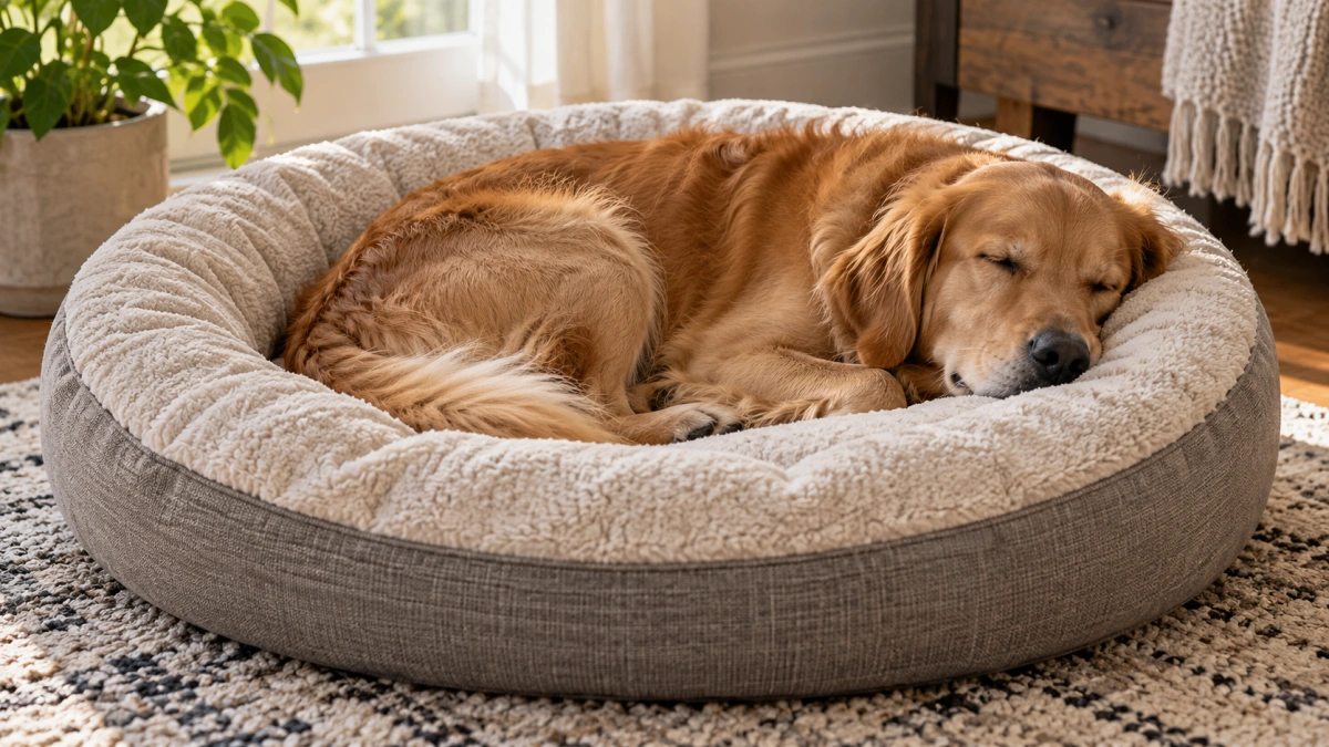 Dog resting against the raised rim of a soft dog bed