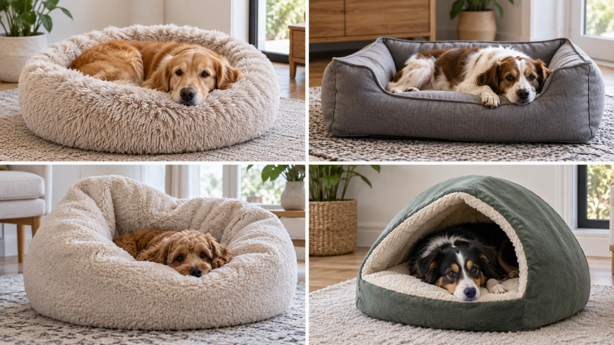 Different calming dog bed styles including donut bolster and nest beds