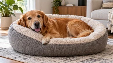 Dog resting comfortably in a raised rim calming dog bed