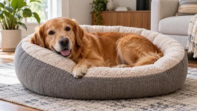 Dog resting comfortably in a raised rim calming dog bed