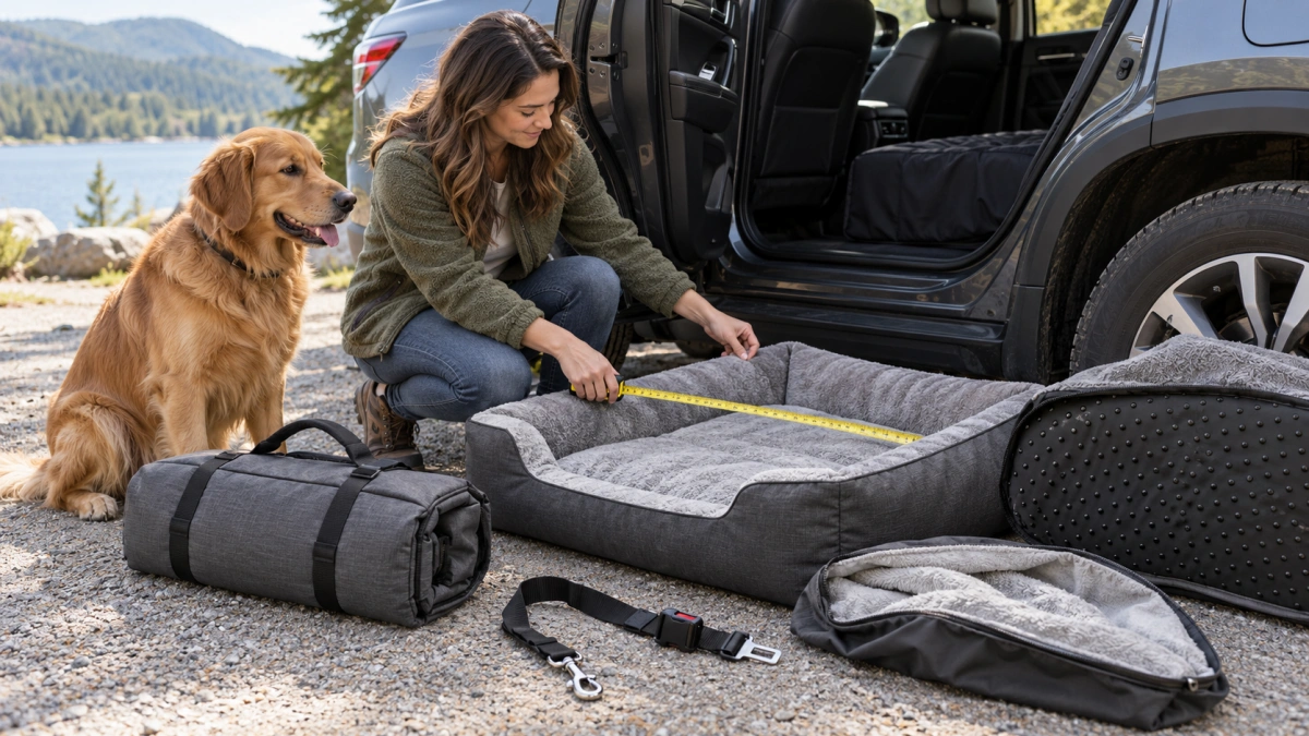 Owner checking car travel dog bed size portability and vehicle fit
