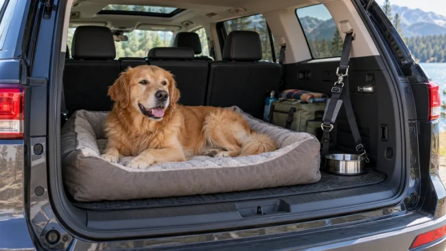 Dog resting on a travel dog bed inside a parked vehicle