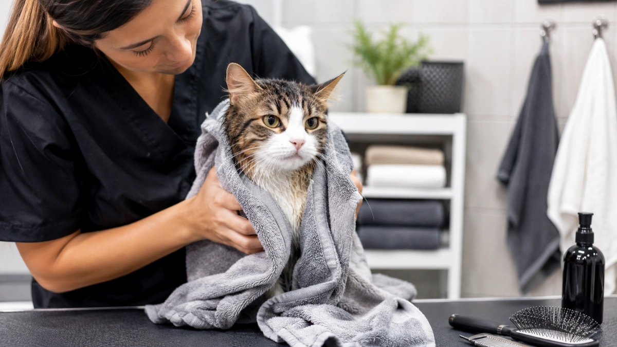 Cat being gently towel dried after a careful grooming bath
