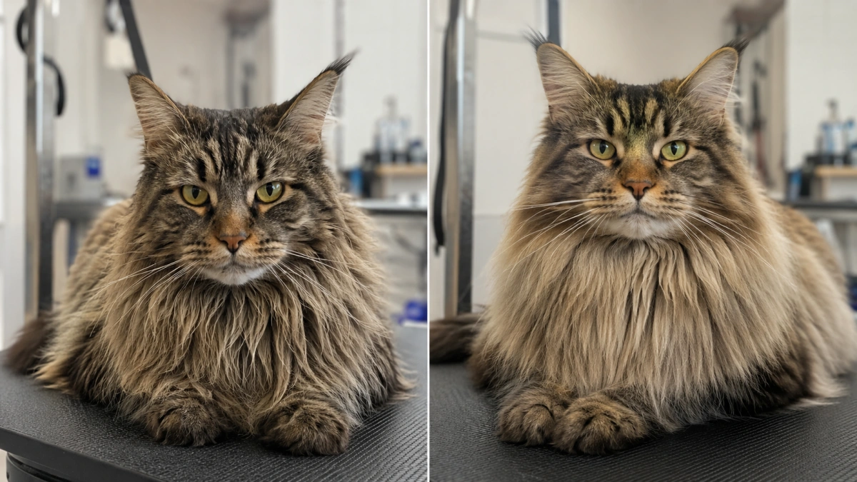 Same long-haired cat before and after professional bathing and complete drying