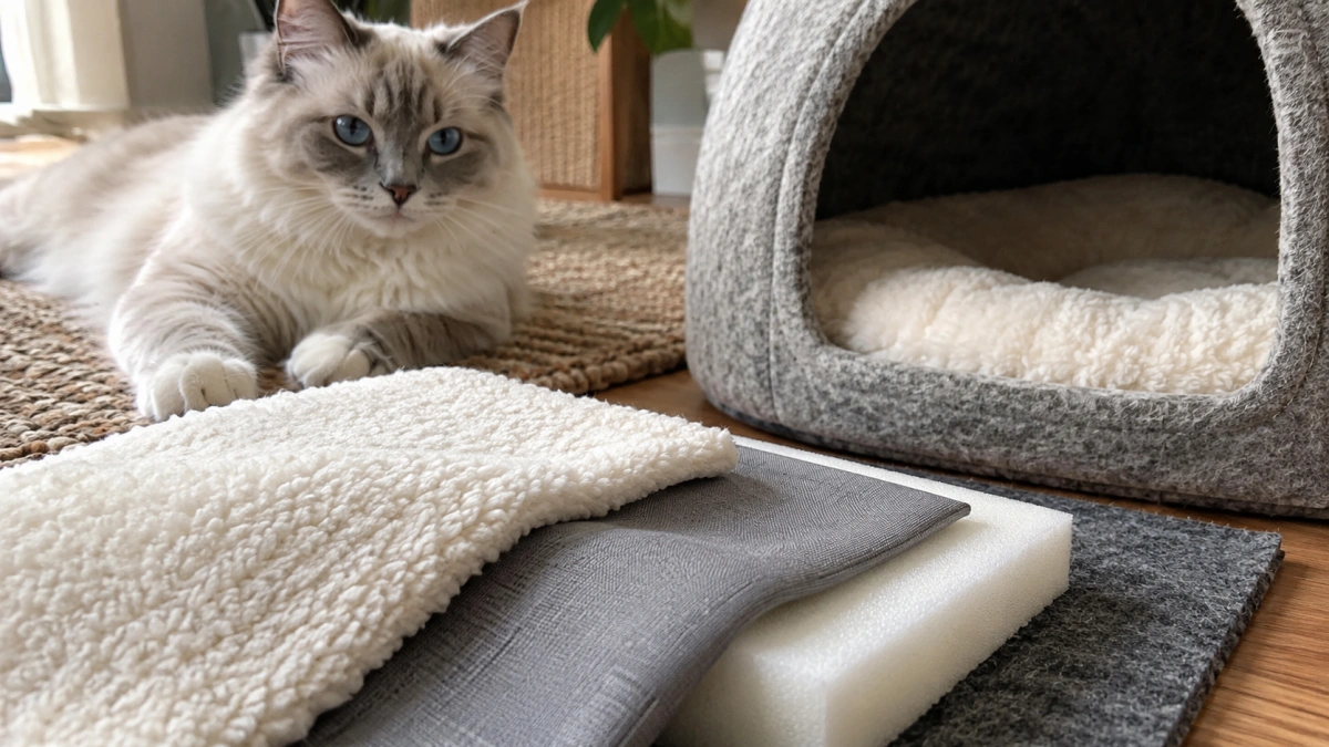 Different cat bed materials including plush fabric foam and felt