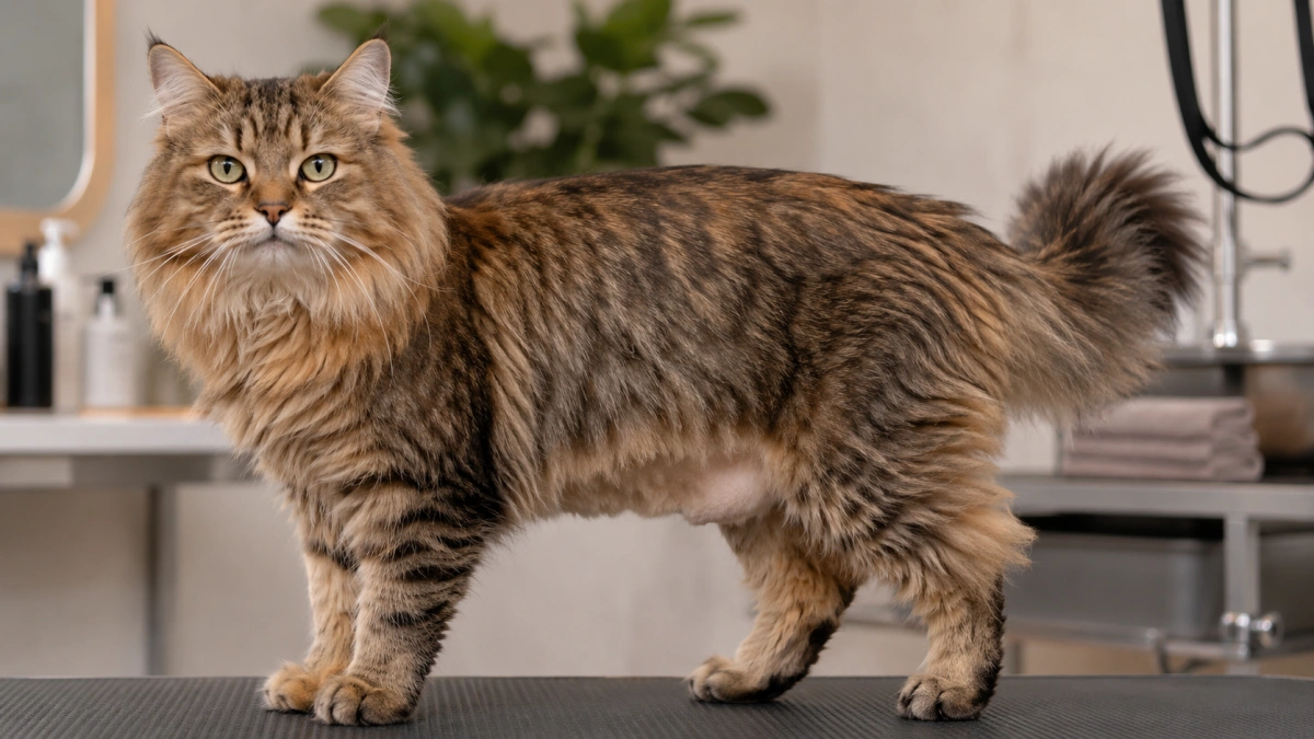Long-haired cat after a discreet professional belly trim