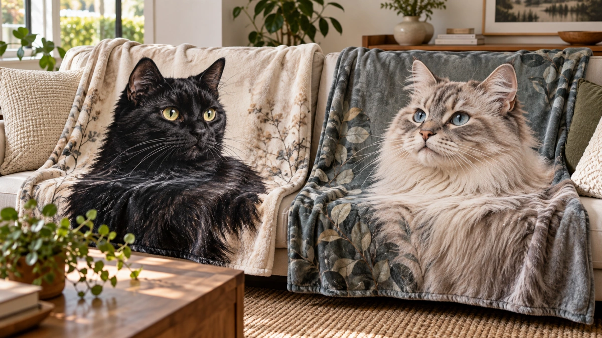 Cat portrait blanket showing clear contrast between fur and background