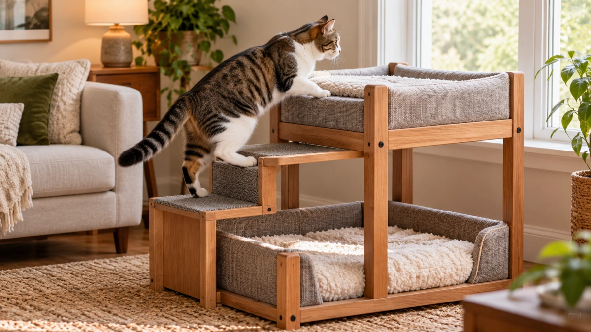 Cat using an easy access route to the upper bunk bed level