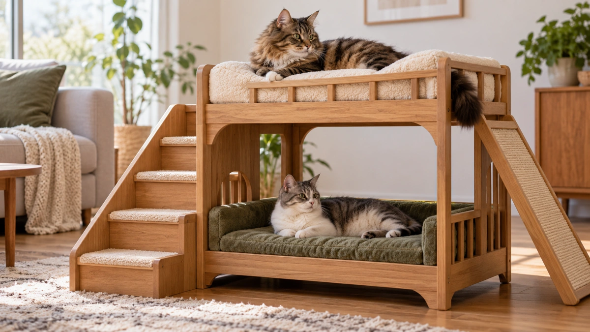 Two cats using separate levels of a multi cat bunk bed