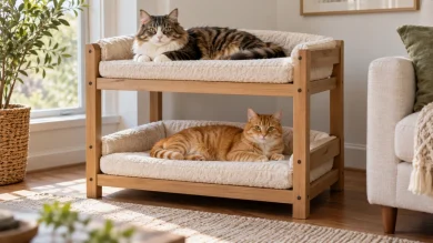Two cats resting on separate levels of a stable cat bunk bed