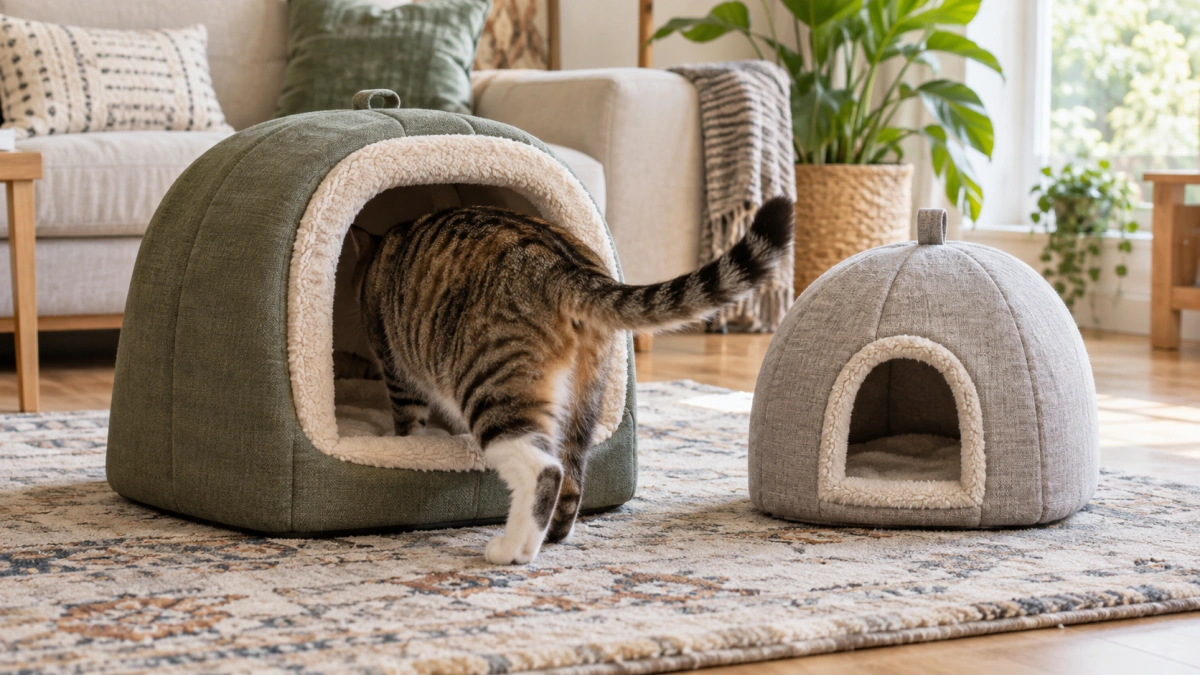 Cat entering a cave bed with a comfortably sized opening
