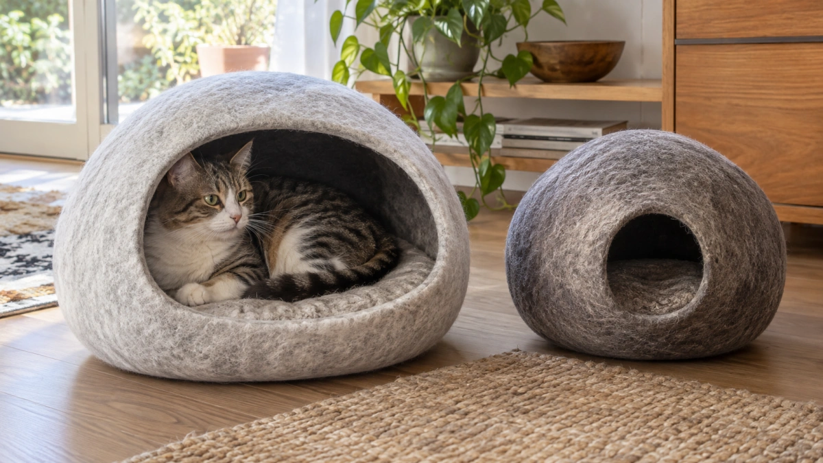 Cat resting comfortably inside a roomy enclosed cat bed