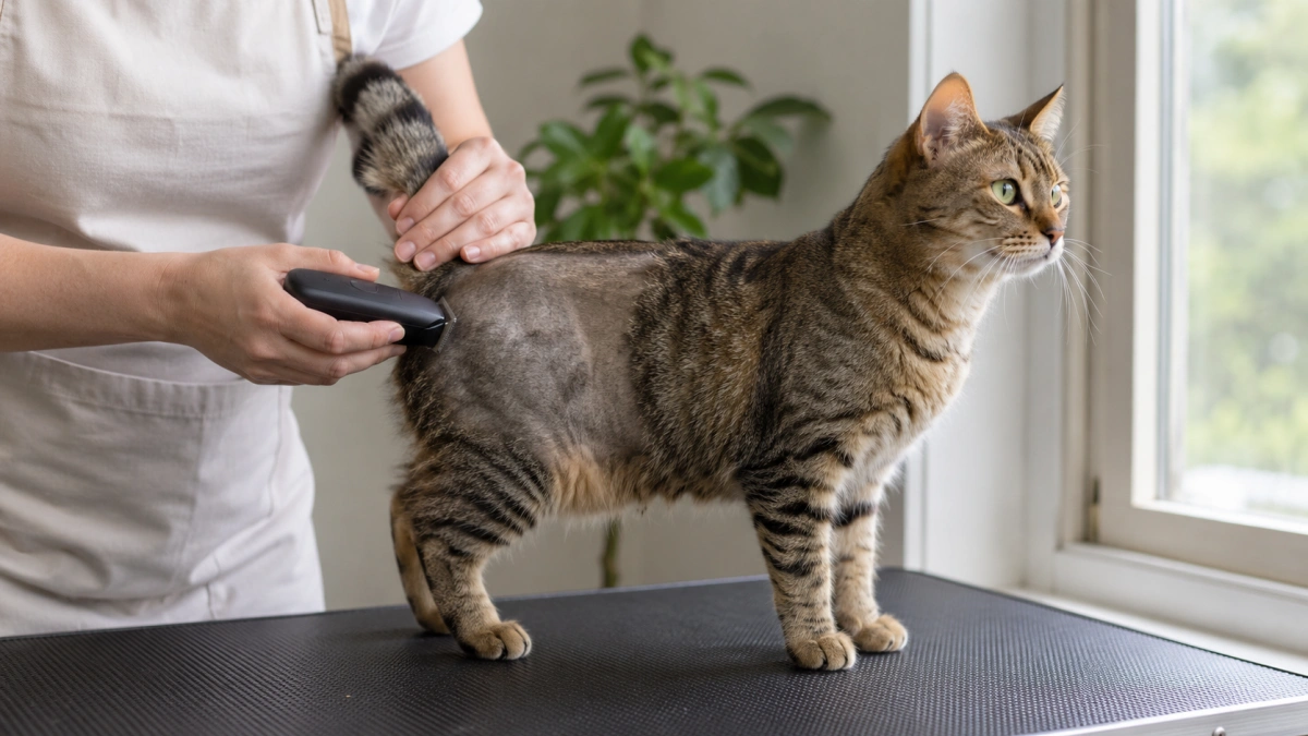 Cat grooming trimmer demonstrated near a safe easy-to-access body area with sensitive areas avoided
