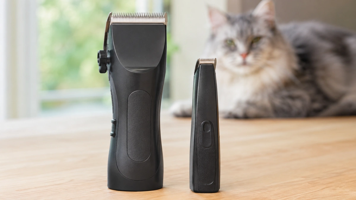 Full size cat grooming clipper compared with a compact detail trimmer